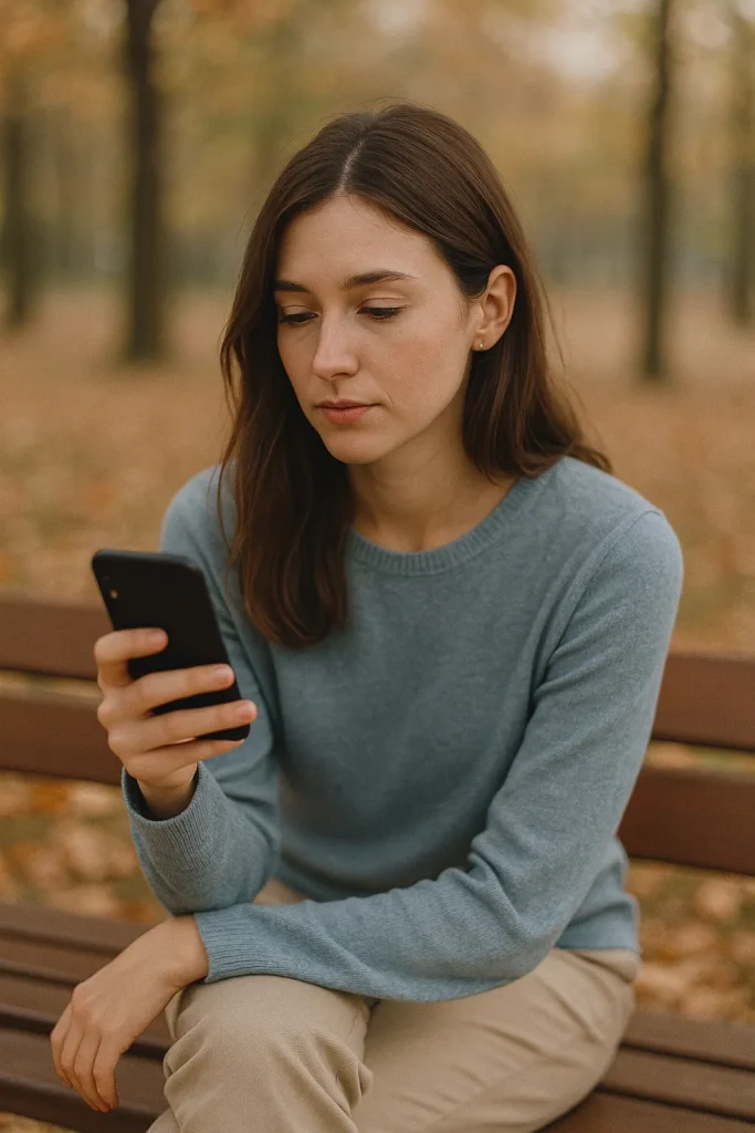 Mulher sozinha olhando para o celular, com uma expressão leve de reflexão