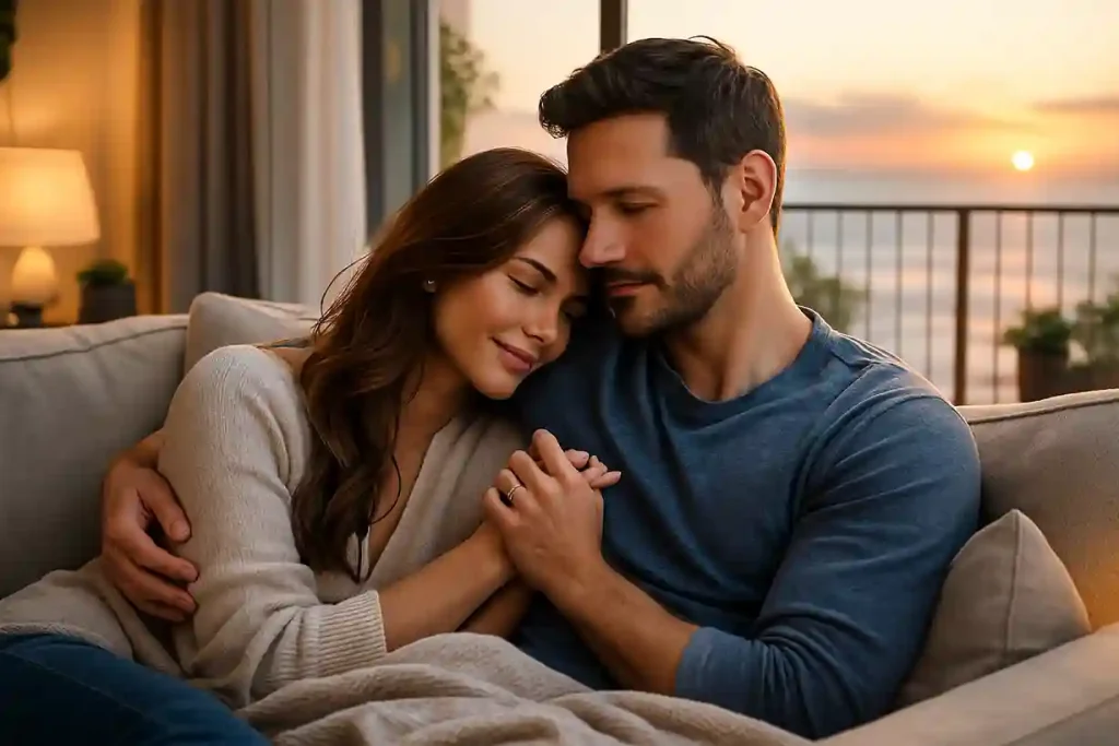 Casal apaixonado abraçado ao pôr do sol, trocando carinho e conexão emocional profunda, simbolizando como deixar um homem apaixonado e mantê-lo envolvido por meio de vínculo afetivo contínuo.