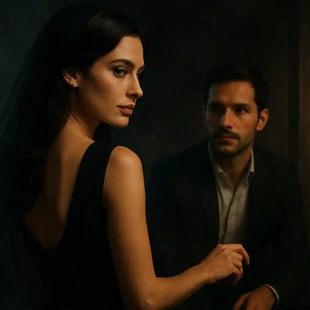 Mulher misteriosa com véu preto e expressão sedutora em ambiente escuro com fumaça e iluminação suave, sendo observada por homem intrigado, representando o poder do mistério para deixar um homem louco por você.