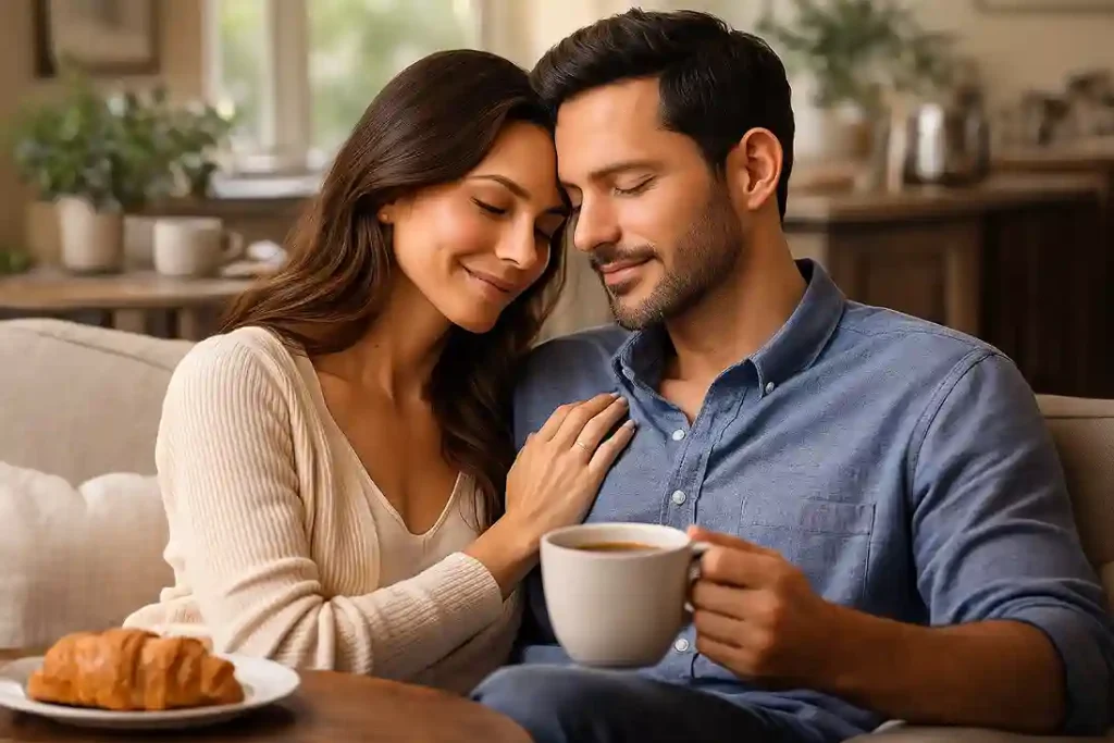 Mulher servindo café para o parceiro de forma carinhosa, ambos sorrindo com olhos fechados, demonstrando afeto e cuidado cotidiano, representando como manter o homem apaixonado com atitudes consistentes.