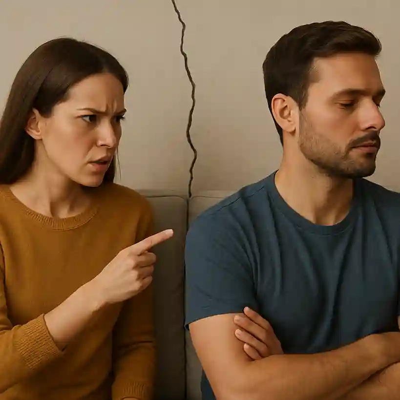 Casal emocionalmente distante no sofá, com mulher frustrada apontando e homem virando o rosto, representando comportamentos que afastam os homens.