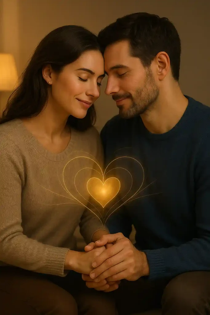 Casal se abraçando com olhos fechados, conectados emocionalmente por um coração luminoso entre eles, representando uma conexão emocional genuína e profunda.