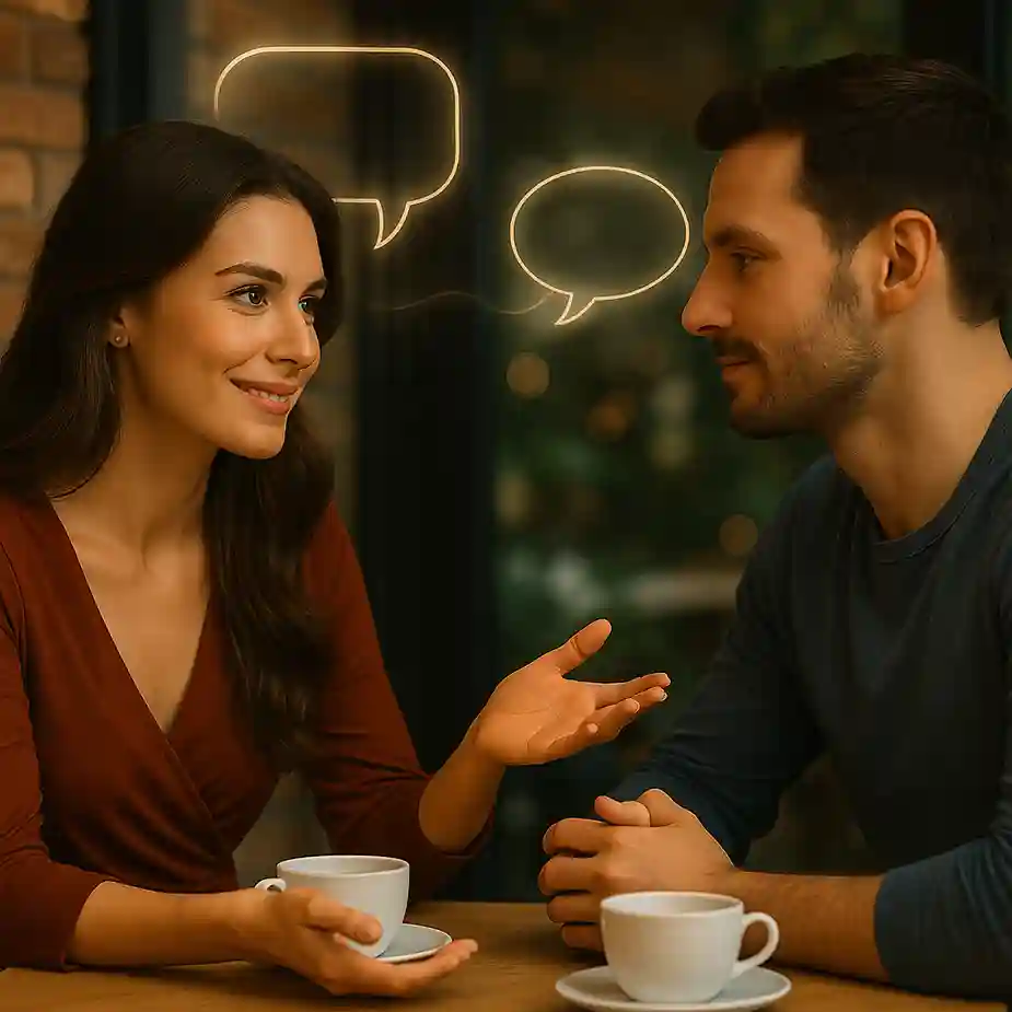 Mulher conversando com homem em um café de forma confiante e envolvente, usando expressões e gestos sutis para criar conexão, enquanto ele escuta atentamente; atmosfera acolhedora representando como usar a comunicação a seu favor.